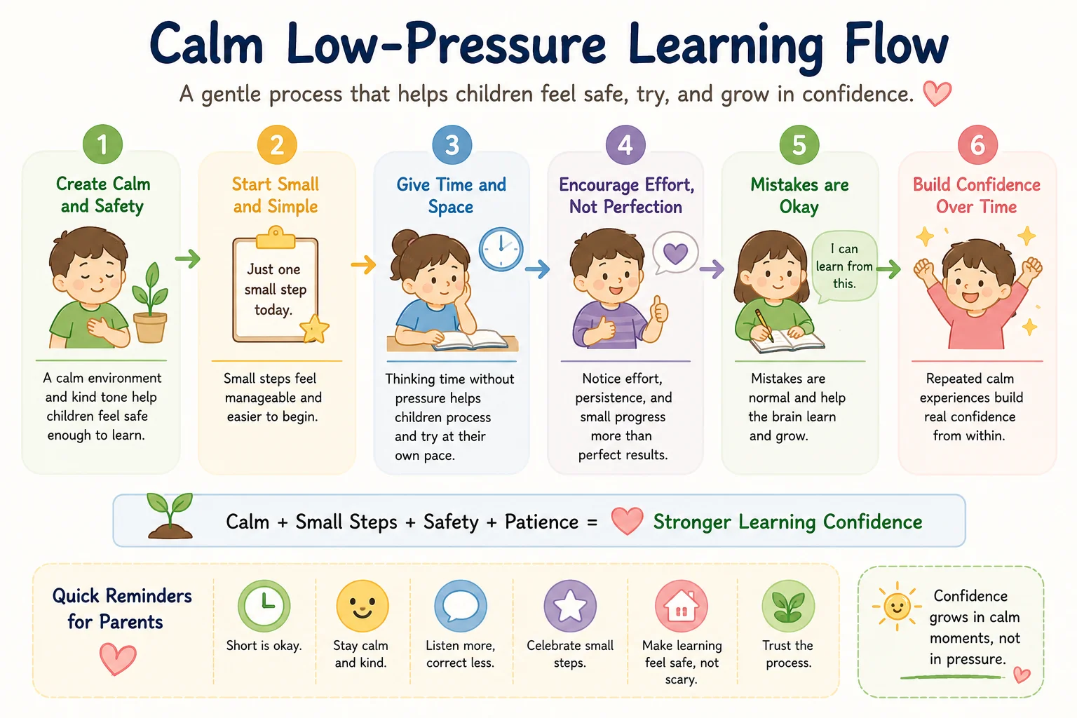 Calm Low-Pressure Learning Flow diagram for building learning confidence without rewards