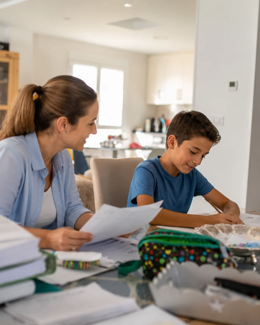 Parent helping child learn calmly at home