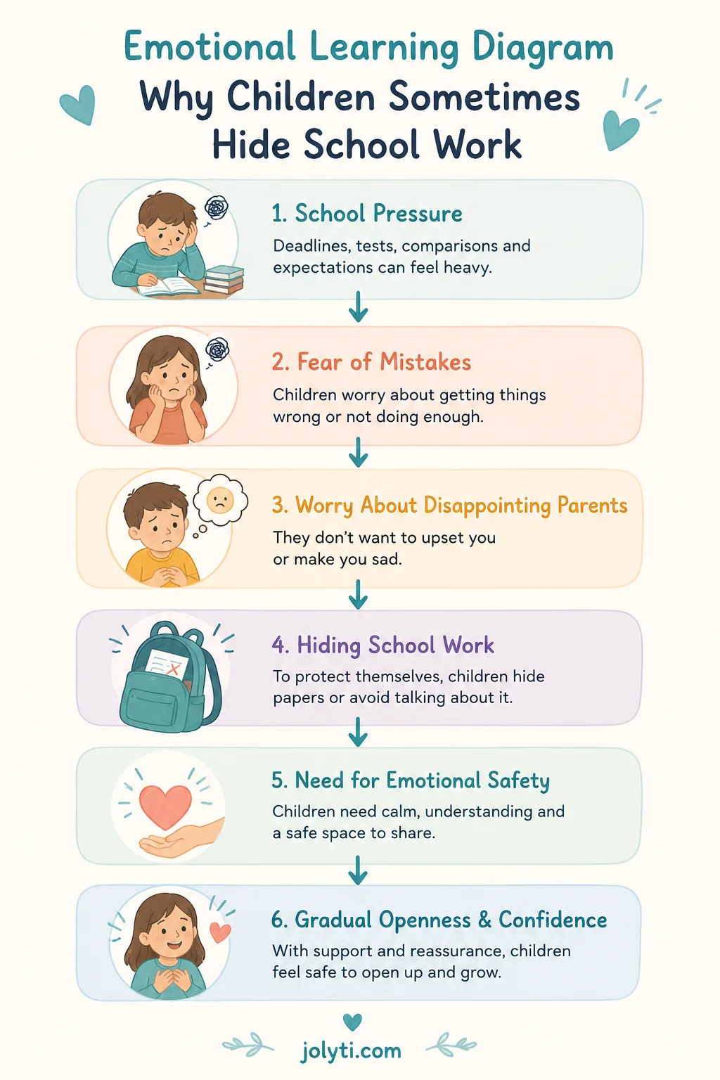 Emotional learning flowchart showing why children may hide school work from parents