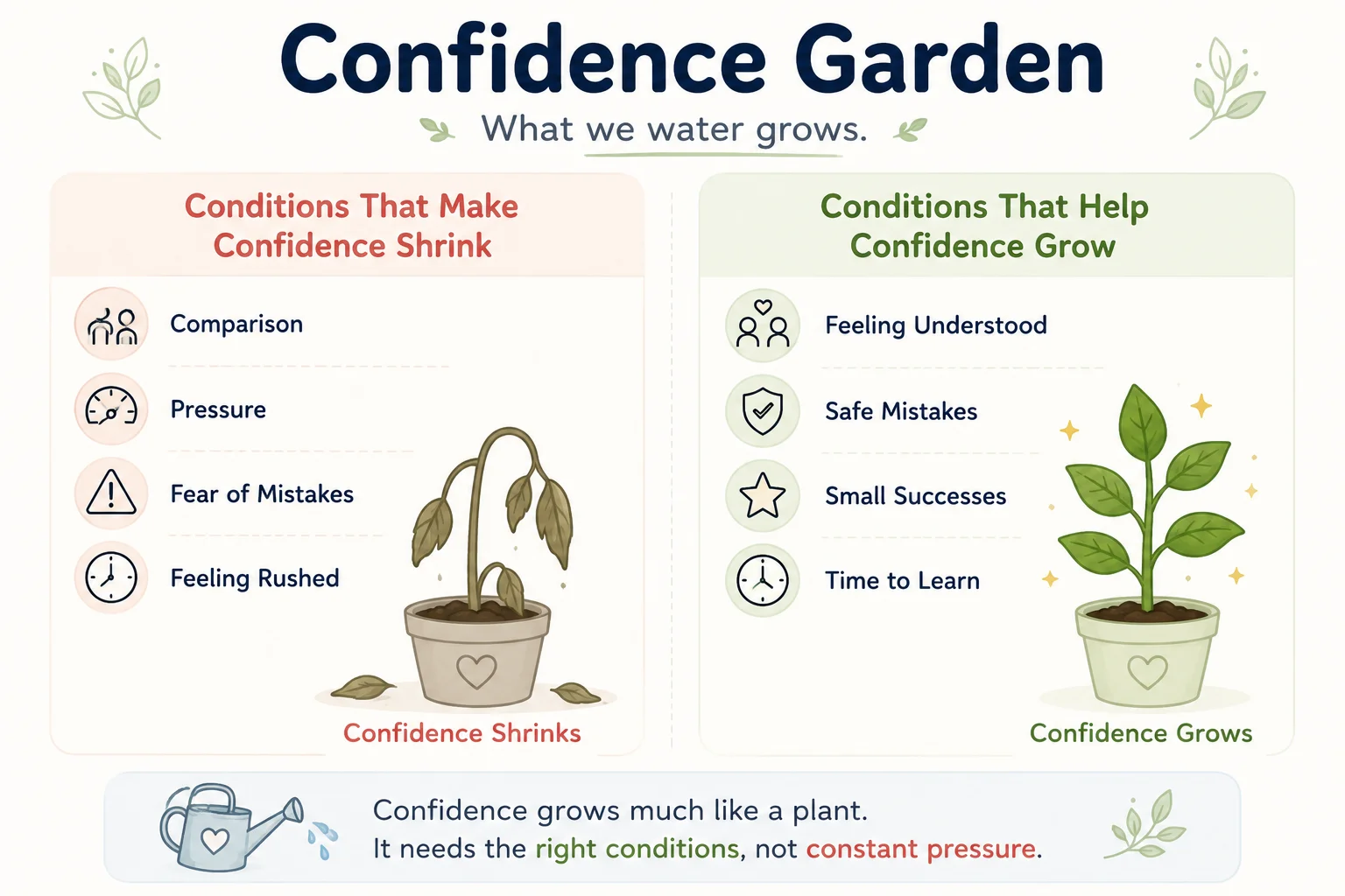 Confidence Garden diagram comparing conditions that make confidence shrink and conditions that help confidence grow