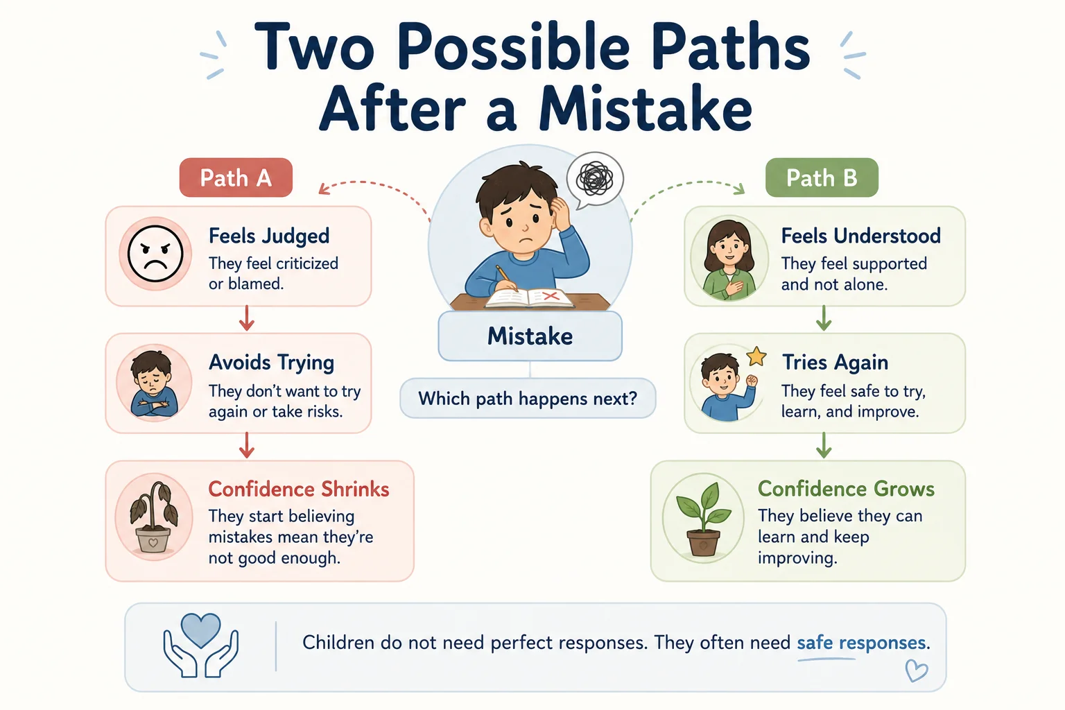 Two Possible Paths After a Mistake diagram showing how feeling judged can lead to avoidance while feeling understood can lead to trying again